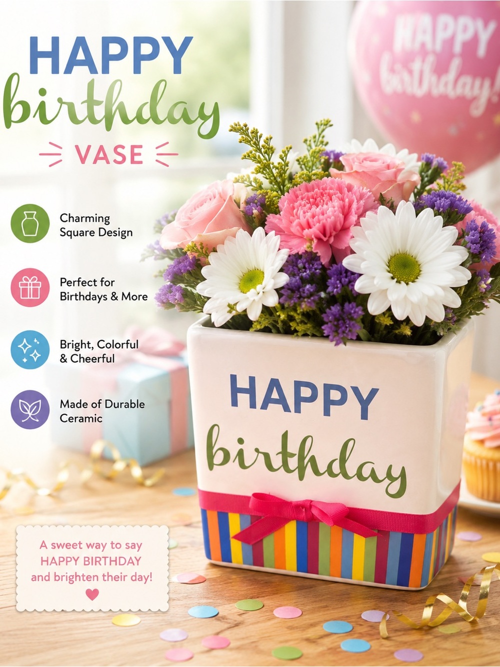 Happy Birthday Ceramic Vase Planter – Colorful Gift Vase with Ribbon Accent